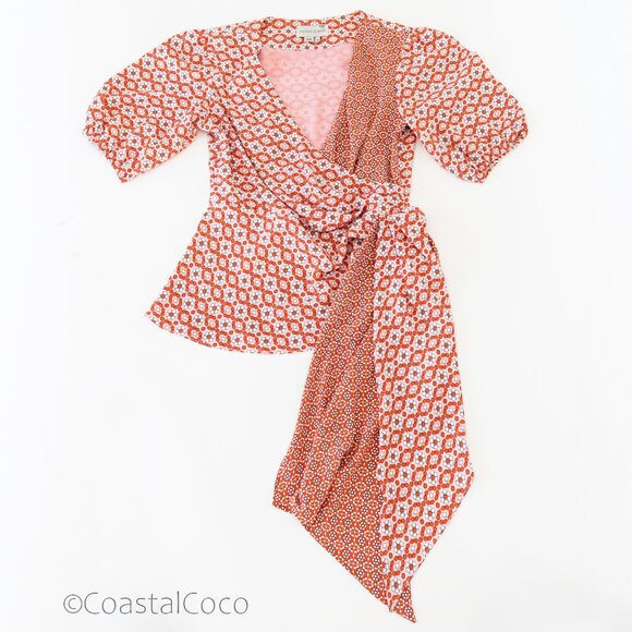 Sachin & Babi Wrap Blouse Top 8 Floral Asymmetric Puff Sleeve Retro Artsy Boho - Picture 5 of 14